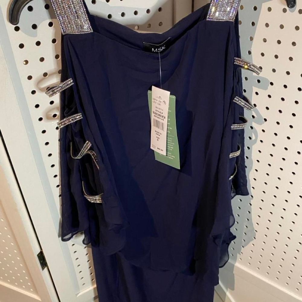 MSK Navy blue dress with rhinestone straps and ruffles Size Small NWT